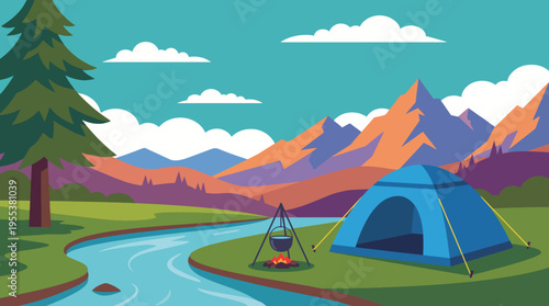 An idyllic camping scene featuring a blue tent near a river, a campfire, tall trees, and majestic mountains, showcasing the beauty of nature and outdoor adventure.