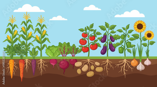 A colorful garden scene showcasing a variety of vegetables and plants, illustrating the beauty of nature, growth, and healthy living through gardening and sustainability.