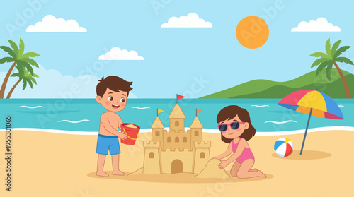 A delightful scene of two children joyfully building a sandcastle on a sunny beach with bright blue waters, capturing the innocence and fun of childhood beach experiences.