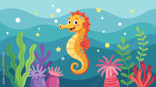 A delightful seahorse is surrounded by vibrant underwater flora, creating a lively and enchanting scene that captures the whimsical beauty of ocean life and marine ecosystems.