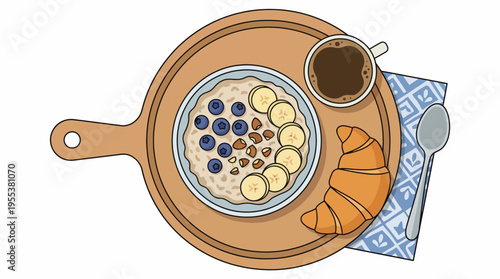 A wholesome breakfast plate featuring oatmeal topped with fruits, a croissant, and a cup of coffee, symbolizing health, nourishment, and the joy of starting the day right.