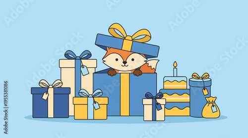 This charming illustration features a cute fox peeking out from behind a stack of vibrant gift boxes, creating a joyful and festive atmosphere perfect for any celebration.