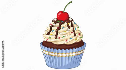 This delightful illustration showcases a tempting cupcake generously topped with creamy frosting, a cherry, and colorful sprinkles, perfect for dessert lovers and celebrations.