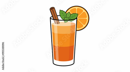This vibrant illustration features a tall glass of refreshing orange drink adorned with a slice of orange, mint leaves, and a cinnamon stick, evoking feelings of summer delight.