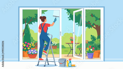 A cheerful woman cleaning large windows, revealing a lush garden view, embodying the spirit of household care, refreshment, and an uplifting atmosphere.