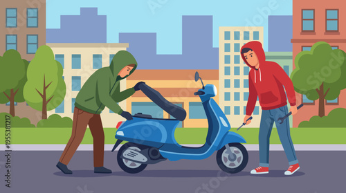 Two men, cloaked in hoodies, suspiciously inspecting a scooter on an urban street, portraying themes of crime, vigilance, and urban life in a vivid art style.