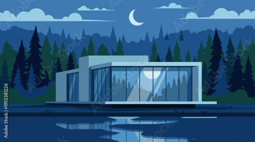 This image showcases a stylish modern house surrounded by tall pine trees and a tranquil water body reflecting the moonlight, enhancing a calm atmosphere of nature.