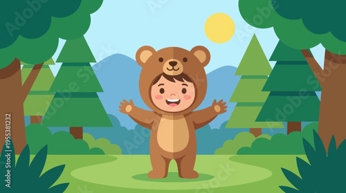 A joyful child dressed in an adorable bear costume, embracing nature amidst a vibrant forest, evoking feelings of innocence, playfulness, and childhood exploration.