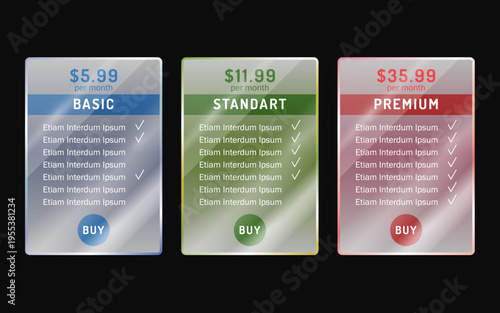 Pricing table templates with three subscription plans. Set of vertical glassmorphism web banners for business service, software or product cost comparison. 