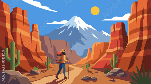 A traveler enjoys an exciting hike through a picturesque desert landscape, surrounded by rocky formations and cacti, representing adventure and exploration in nature.