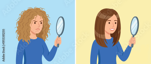 The juxtaposition of two hairstyles reflects emotional transformation, depicting a journey from frustration to confidence as captured in the mirror's reflection.