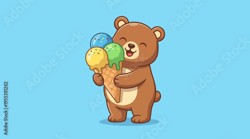 A cheerful bear proudly holds three ice cream cones, capturing the joy of indulgence and sweetness, appealing to both children and those with a love for delightful treats.