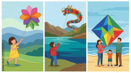 Three distinct scenes depict children flying colorful kites, showcasing a scenic landscape, a dragon kite, and a family enjoying quality time at the beach with vibrant kites.