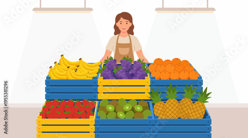 A cheerful market scene featuring a woman showcasing a vibrant array of fresh fruits, emphasizing health, nutrition, and the beauty of organic produce in a lively shopping environment.