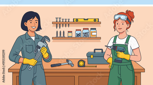 An empowering image of two women in a workshop setting, confidently handling tools, highlighting skills, creativity, and the growing acceptance of women in trade industries and craftsmanship.