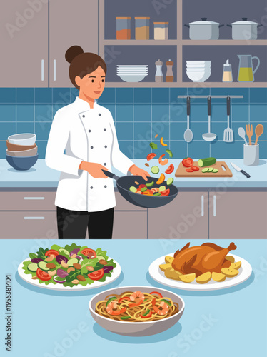 This vibrant kitchen scene showcases a skilled chef artfully preparing a variety of delicious dishes, with colorful ingredients and an organized workspace surrounding her.