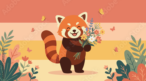 This playful illustration features a cute red panda joyfully holding a bouquet of flowers, set against a vibrant, colorful background with butterflies fluttering around.