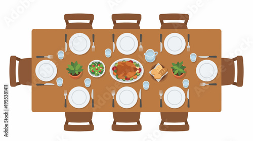 This digitally rendered dining scene showcases an elegantly set table adorned with plates, cutlery, and a delicious feast, ready for a family gathering or celebration.