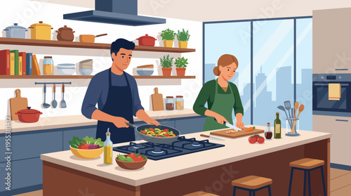 This lively kitchen scene captures a couple cooking together, showcasing fresh ingredients and a vibrant atmosphere, highlighting the joy of sharing culinary experiences.