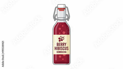 A vibrant berry hibiscus kombucha is elegantly displayed in a glass bottle, highlighting its refreshing appearance and health benefits, perfect for health-conscious drinkers.