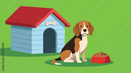 A charming beagle dog is peacefully sitting near its colorful doghouse, showcasing loyalty, companionship, and the joy of pet ownership in a bright and cheerful environment.