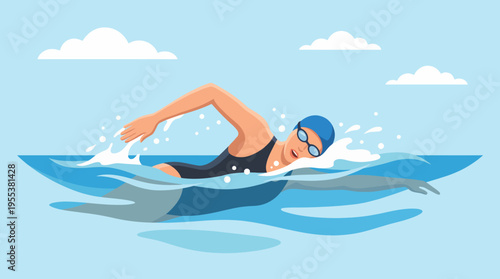 A dedicated female swimmer is gracefully performing the freestyle stroke in a clear blue pool, showcasing athleticism and focus in her training session or competition.