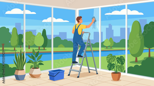This serene scene features a man cleaning windows in a bright room, providing a clear view of lush greenery and a peaceful landscape outside, symbolizing refreshment and renewal.