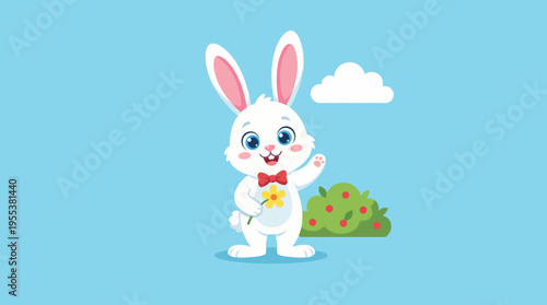 A cute cartoon bunny with a bowtie is joyfully waving while holding a flower, symbolizing innocence, happiness, and the charm of springtime in a colorful, cheerful space.
