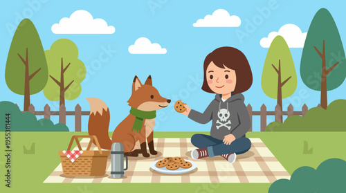 A joyful scene of a girl enjoying a picnic with a friendly fox beside her, sharing cookies under a bright sky. Perfect for showcasing friendship between humans and animals.