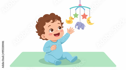 This delightful image features a smiling baby reaching for hanging toys with excitement, conveying pure happiness and curiosity. A perfect representation of early childhood joy.