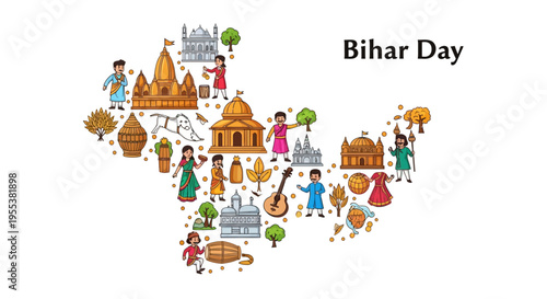 Illustration of Bihar Day celebration with cultural symbols and landmarks in a vibrant, colorful flat lay design on a white background.