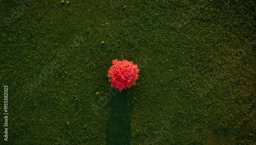 Vibrant Pink Flower on Lush Green Grass from Above Perspective