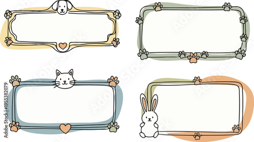 Pastel doodle creature labels with adorable hound kitty and hare heads