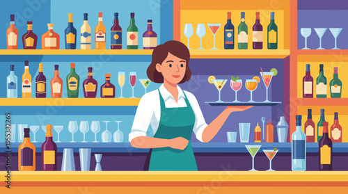 A skilled bartender is shown with a tray of colorful cocktails in a well-stocked bar, highlighting the art of mixology and social experiences associated with nightlife and gatherings.