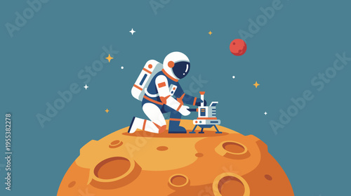 This striking image shows an astronaut kneeling on the moon's surface, conducting experiments with advanced technology. A vivid representation of human exploration and discovery in space.
