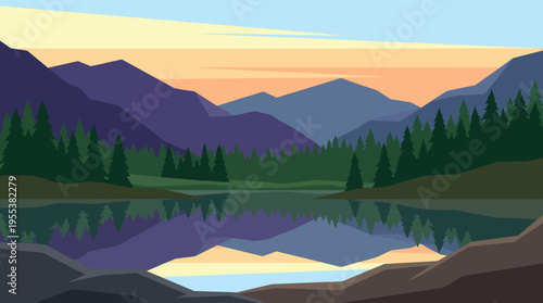 This serene landscape captures majestic mountains and vibrant trees reflected in a tranquil lake, showcasing nature's beauty at dusk with soft hues and peaceful ambiance.