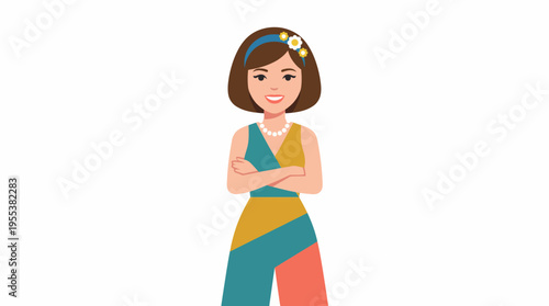This charming illustration features a fashionable young woman with a trendy hairstyle, wearing a distinctive outfit, radiating confidence and stylish flair in a playful artistic style.