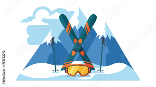 This engaging illustration features ski gear prominently displayed against a scenic backdrop of snowy mountains, capturing the thrill of winter sports and the excitement of adventure.
