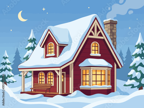 This delightful winter scene depicts a charming snowy house with a warm glow from the windows, surrounded by tall fir trees under a starry night sky, exuding coziness and tranquility.