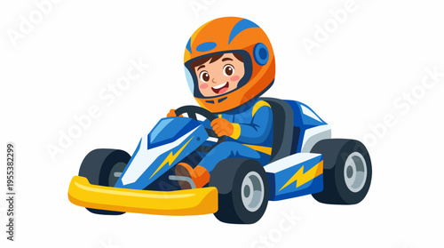 A cheerful young boy in an orange helmet enjoying a thrilling ride in a go-kart, embodying joy and excitement of racing, representing childhood fun and adventure.