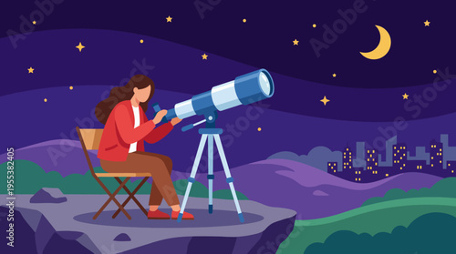 A serene scene of a woman using a telescope on a hilltop, immersed in stargazing at night, showcasing the beauty of astronomy and a connection to the universe.