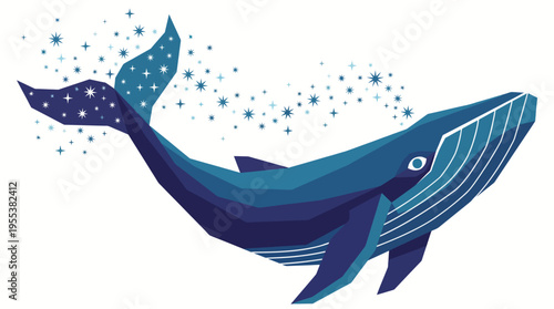A majestic blue whale swims gracefully through a starry cosmic background, symbolizing beauty, mystery, and the wonders of nature in a vibrant artistic representation.