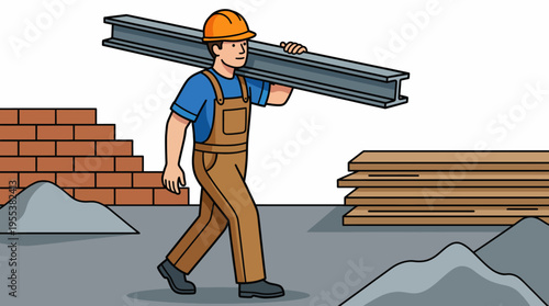A construction worker in an orange hard hat lifts a steel beam over his shoulder as he walks through a construction site, demonstrating strength and determination in his work.