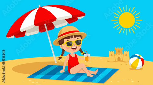 A joyful girl sits on a beach towel under a bright umbrella, sipping a drink and soaking up the sun, embodying summer bliss and youthful exuberance by the shore.