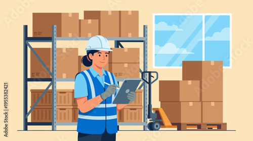 An organized warehouse scene featuring a worker checking inventory on a tablet, surrounded by stacked boxes, emphasizing efficiency and modern technology in logistics.