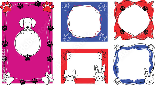 Bright animal borders with puppy kitty bunny empty spaces