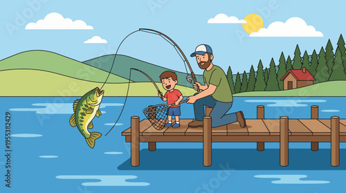 A father and son duo fish together on a serene lake, capturing a heartfelt moment of bonding, teamwork, and the joys of outdoor adventures in nature's beauty.