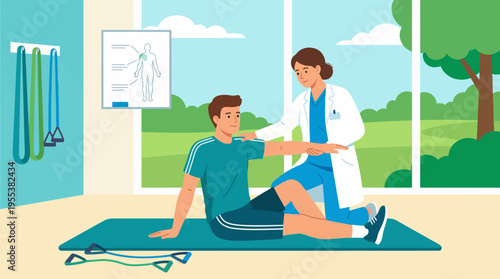 A young man receiving physical therapy from a caring therapist in a bright environment, highlighting the importance of rehabilitation and well-being in healthcare settings.