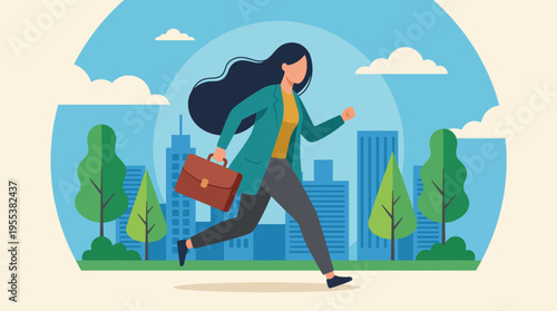 A determined businesswoman is hurriedly running through a vibrant city, holding a briefcase, capturing the essence of urban life and professional ambition amidst greenery.