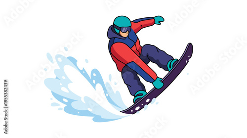 An energetic snowboarder in colorful gear expertly rides down a snowy slope, showcasing the thrill of winter sports and the beauty of outdoor adventure in a dynamic atmosphere.